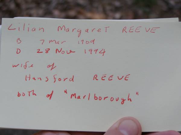 Susan Margaret MOON,  | died 14 Dec 1905 aged 63 years;  | Thomas, husband,  | died 14 Dec 1930 aged 91 years;  | Hope THOMPSON-JONES, granddaughter,  | died 26 Sep 1915 aged 3 years;  | William Richer MOON, son,  | husband of Florence,  | died 13 June 1966 aged 88 years;  | Florence Emily MOON,  | died 2 Feb 1969 aged 86 years;  | Lilian Margaret REEVE,  | born 7 March 1909 died 28 Nov 1994,  | wife of Roy Hansford REEVE,  | both of  Marlborough ;  | Brookfield Cemetery, Brisbane  | 