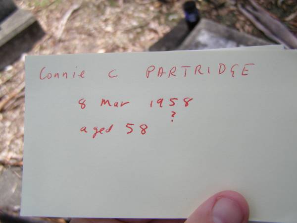 Connie PARTRIDGE,  | died 8 March 1958 aged 58 years;  | Brookfield Cemetery, Brisbane  | 
