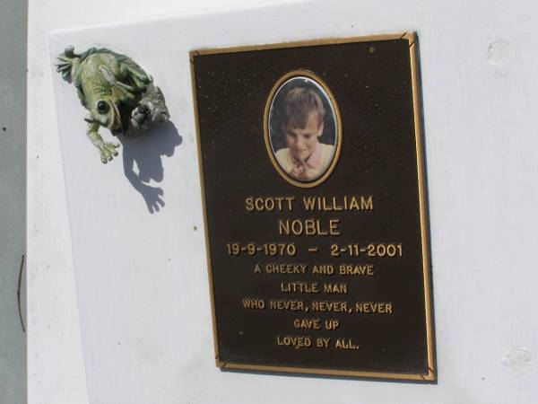 Kevin James MILES,  | died 25-7-99 aged 57 years,  | husband of Norma;  | Andrew Miles ANTHONY,  | son brother grandson,  | died 18-10-1998 aged 27 years;  | Scott William NOBLE,  | 19-9-1970 - 2-11-2001;  | Brookfield Cemetery, Brisbane  | 