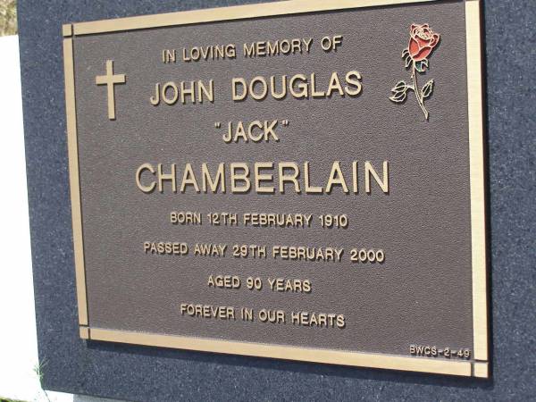 John Douglas (Jack) CHAMBERLAIN,  | born 12 Feb 1910 died 29 Feb 2000 aged 90 years;  | Brookfield Cemetery, Brisbane  | 