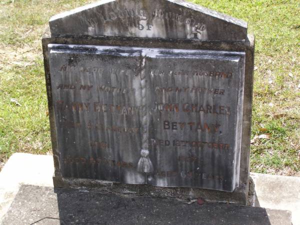 Fanny BETTANY, mother,  | died 31 August 1951 aged 69 years;  | John Charles BETTANY, father,  | died 12 Oct 1957 aged 68 years;  | Brookfield Cemetery, Brisbane  | 