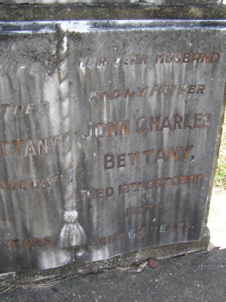 Fanny BETTANY, mother,  | died 31 August 1951 aged 69 years;  | John Charles BETTANY, father,  | died 12 Oct 1957 aged 68 years;  | Brookfield Cemetery, Brisbane  | 