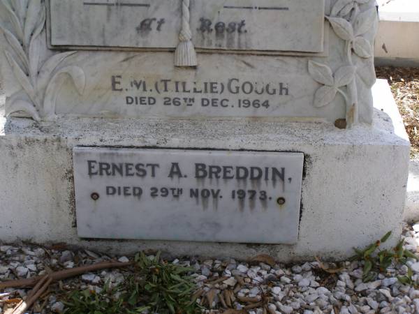 C.C. (Charles) BREDDIN,  | died 14 June 1951 aged 76 years;  | E.M. (Nellie) BREDDIN,  | died 18 Aug 1963 in 83rd year;  | E.M. (Tillie) GOUGH,  | died 26 Dec 1964;  | Ernest A. BREDDIN,  | died 29 Nov 1973;  | Robert W. BREDDIN, son,  | died 20 June 1933 aged 19 years;  | Dorothy GRANTZ, daughter,  | died 25 Jan 1945 aged 43 years;  | parents;  | Adam (Mick) APPEL,  | 28-9-1894 - 13-4-1969;  | Christina Grace APPEL, wife,  | 7-1-1903 - 31-7-1991;  | Brookfield Cemetery, Brisbane  | 