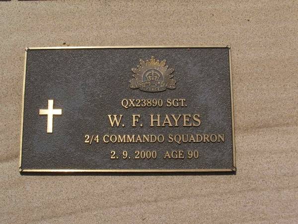 William Frederick St Leger HAYES,  | 11 July 1910 - 2 Sept 2000 aged 90 years;  | children Gordon, Peter, Suzy, Helen & Billy;  | Brookfield Cemetery, Brisbane  | 