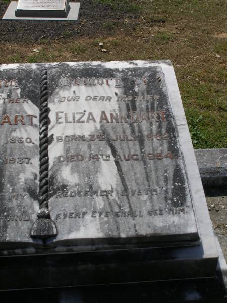 Samuel DART, father,  | born 11 Feb 1860  | died 27 Nov 1937;  | Eliza Ann DART, mother,  | born 3 July 1862  | died 14 Aug 1954;  | James Percival DART,  | third son of Samuel & Eliza,  | born 13 Feb 1890  | died 3 March 1988;  | Brookfield Cemetery, Brisbane  | 