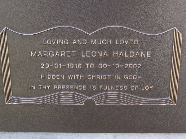 Margaret Leona HALDANE,  | 29-01-1916 - 30-10-2002;  | Brookfield Cemetery, Brisbane  | 