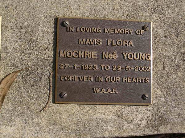 Mavis Flora MOCHRIE, nee YOUNG,  | 27-1-1923 - 29-5-2002;  | Brookfield Cemetery, Brisbane  | 