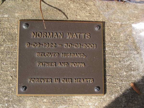 Norman WATTS,  | 9-09-1922 - 30-01-2001,  | husband father poppa;  | Brookfield Cemetery, Brisbane  | 