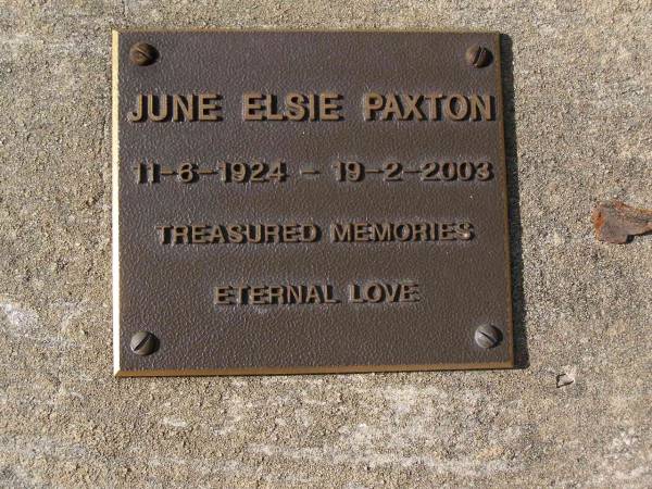 June Elsie PAXTON,  | 11-6-1924 - 19-2-2003;  | Brookfield Cemetery, Brisbane  | 
