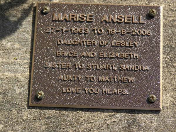 Marise ANSELL,  | 27-1-1963 - 19-8-2006,  | daughter of Lesley Brice & Elizabeth,  | sister to Stuart & Sandra,  | aunty to Matthew;  | Brookfield Cemetery, Brisbane  | 