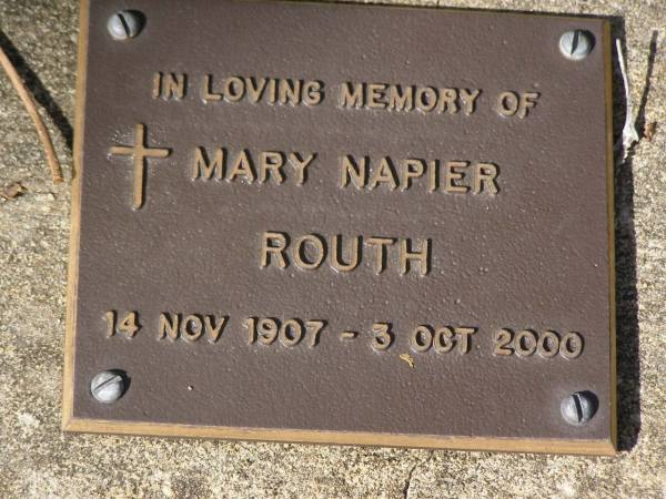 Mary Napier ROUTH,  | 14 Nov 1907 - 3 Oct 2000;  | Brookfield Cemetery, Brisbane  | 