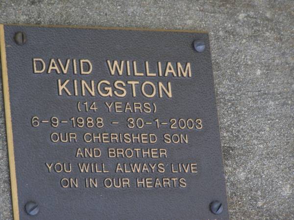 David William KINGSTON,  | 6-9-1988 - 30-1-2003 aged 14 years,  | son brother;  | Brookfield Cemetery, Brisbane  | 