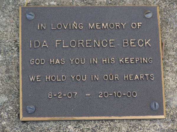 Ida Florence BECK,  | 8-2-07 - 2-10-00;  | Brookfield Cemetery, Brisbane  | 