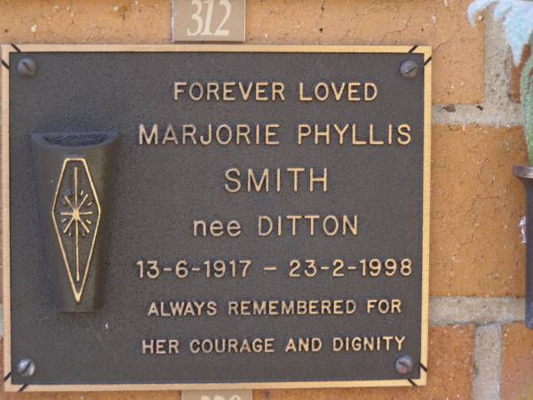 Marjorie Phyllis SMITH, nee DITTON,  | 13-6-1917 - 23-2-1998;  | Brookfield Cemetery, Brisbane  | 