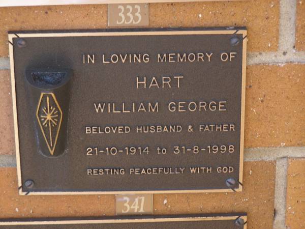 William George HART,  | husband father,  | 21-10-1914 - 31-8-1998;  | Brookfield Cemetery, Brisbane  | 