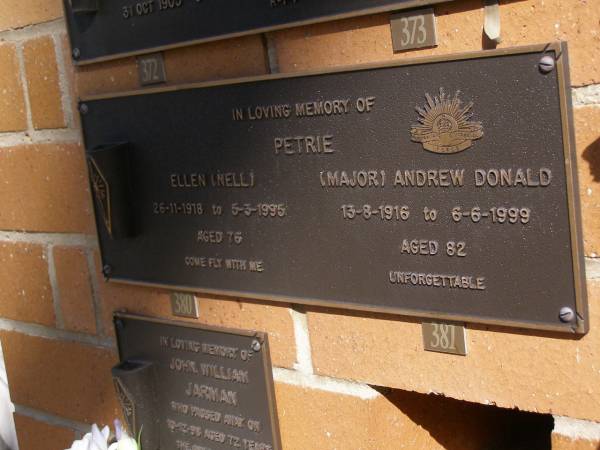 Ellen (Nell) PETRIE,  | 26-11-1918 - 5-3-1995 aged 76 years;  | Andrew Donald PETRIE,  | 13-8-1916 - 6-6-1999 aged 82 years;  | Brookfield Cemetery, Brisbane  | 