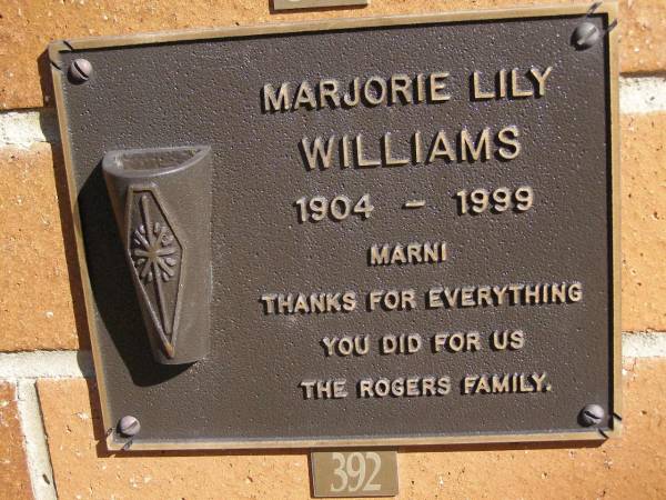 Marjorie Lily (Marni) WILLIAMS,  | 1904 - 1999,  | Rogers family;  | Brookfield Cemetery, Brisbane  | 