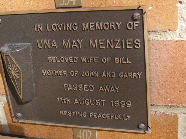 Una May MENZIES,  | wife of Bill,  | mother of John & Garry,  | died 11 Aug 1999;  | Brookfield Cemetery, Brisbane  | 