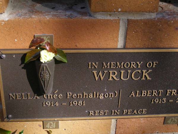 Nella WRUCK, nee PENHALIGON,  | 1914 - 1981;  | Albert Fritz (Fred) WRUCK,  | 1913 - 2001;  | Brookfield Cemetery, Brisbane  | 