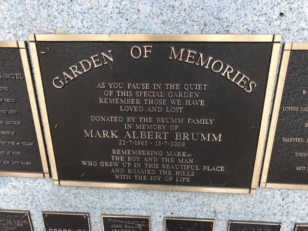 Mark Albert BRUMM  | b: 22 Jul 1965  | d: 13 Jul 2009  |   | Memorial garden Brookfield Anglican Church of the Good Shepherd  |   | 