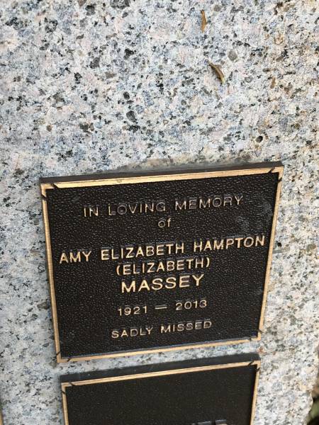 Amy Elizabeth Hampton MASSEY  | b: 1921  | d: 2013  |   | Memorial garden Brookfield Anglican Church of the Good Shepherd  |   | 