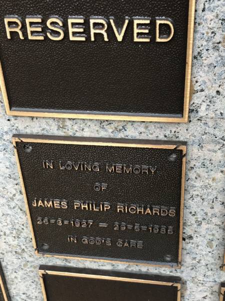 James Philip RICHARDS  | b: 26 Mar 1927  | d: 29 May 1985  |   | Memorial garden Brookfield Anglican Church of the Good Shepherd  |   | 