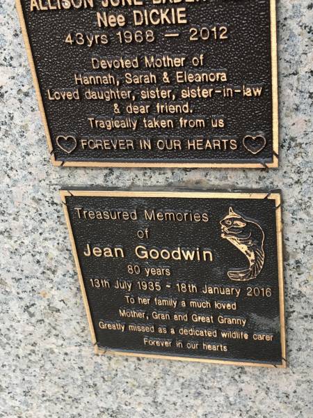 Jean GOODWIN  | b: 13 Jul 1935  | d: 18 Jan 2016 aged 80  |   | Memorial garden Brookfield Anglican Church of the Good Shepherd  |   | 