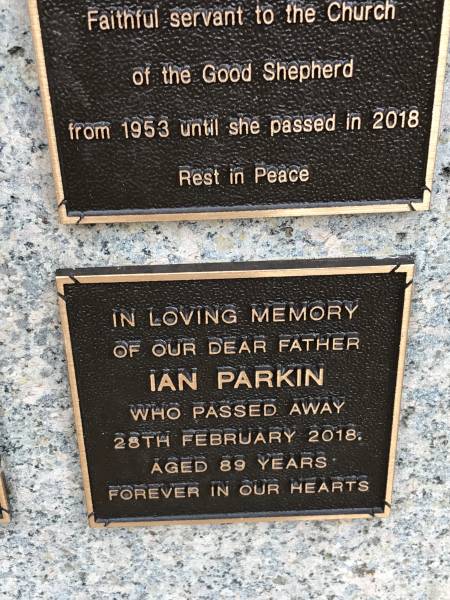 Ian PARKIN  | d: 28 Feb 2018 aged 89  |   | Memorial garden Brookfield Anglican Church of the Good Shepherd  |   | 