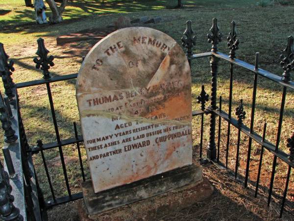 Thomas Henry HAYNES  | died at East Preston ?  |   | MA? 4th 1929  | aged 76  | ashes are laid beside his friend and partner Edward CHIPPINDALL  |   | Pioneer Cemetery - Broome  | <a href= http://www.flickr.com/photos/barkochre/7317725754/in/photostream/lightbox/ >(More info on Thomas Haynes)</a>  |   |   |   | 