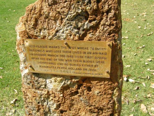 plaque for 76 Dutch nations killed in air raid 3 Mar 1942  |   | Pioneer Cemetery - Broome  | 