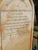 Edward Cokayne CHIPPINDALL aged 34 (son of John CHIPPINDALL of Cheetham Hill. Manchester, England) died at sea 22 May 1886  ------ and a footstone for the ashes of friend  Thomas Haynes  M... aged 76 ashes are laid beside his friend and partner Edward CHIPPINDALL  Pioneer Cemetery - Broome (More info on Edward Cokayne CHIPPINDALL)   