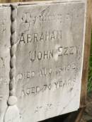 
Veronica EZZY,
died 28 March 1942 aged 88 years;
Abraham John EZZY,
died 18 Aug 1921 aged 70 years;
Brooweena St Marys Anglican cemetery, Woocoo Shire
