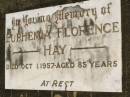 
Euphemia Florence HAY,
died 1 Oct 1957 aged 85 years;
Brooweena St Marys Anglican cemetery, Woocoo Shire
