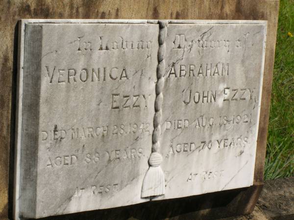 Veronica EZZY,  | died 28 March 1942 aged 88 years;  | Abraham John EZZY,  | died 18 Aug 1921 aged 70 years;  | Brooweena St Mary's Anglican cemetery, Woocoo Shire  | 