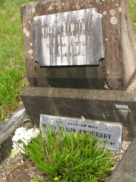 James H. ENDERSBY,  | died 14 June 1939 aged 66 years;  | Mary Maud ENDERSBY,  | wife,  | died 4 Sept 1965 aged 85 years;  | Brooweena St Mary's Anglican cemetery, Woocoo Shire  | 