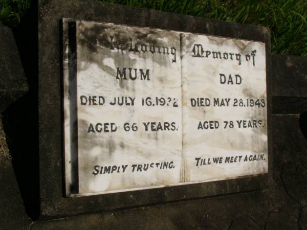 Alice THOMSEN,  | mum,  | died 16 July 1932 aged 66 years;  | Sophus THOMSEN,  | dad,  | died 28 May 1943 aged 78 years;  | Brooweena St Mary's Anglican cemetery, Woocoo Shire  | 