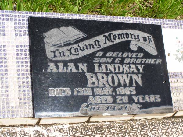 Alan Lindsay BROWN,  | son brother,  | died 13 May 1965 aged 20 years;  | Brooweena St Mary's Anglican cemetery, Woocoo Shire  | 