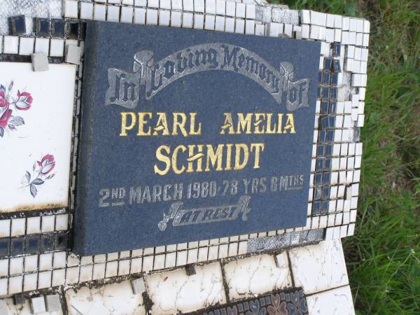 Pearl Amelia SCHMIDT,  | died 2 March 1980 aged 78 years 8 months;  | Brooweena St Mary's Anglican cemetery, Woocoo Shire  | 