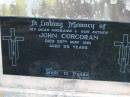 John CORCORAN, husband father, died 25 May 1961 aged 55 years; Bryden (formerly Deep Creek) Catholic cemetery, Esk Shire 