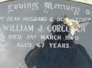 William J. CORCORAN,
husband father,
died 3 March 1970 aged 67 years;
Bryden (formerly Deep Creek) Catholic cemetery, Esk Shire