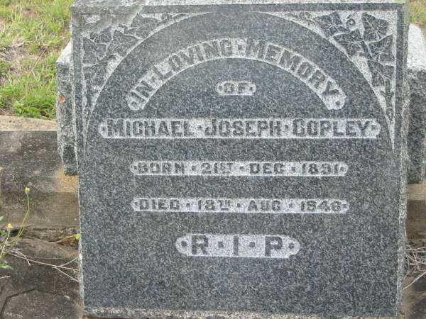 Michael Joseph COPLEY,  | born 21 Dec 1891,  | died 28 Aug 1946;  | Bryden (formerly Deep Creek) Catholic cemetery, Esk Shire  | 