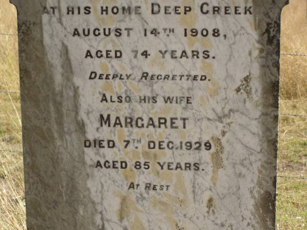 James BROWN  | d: Deep Creek, 14 Aug 1908 aged 74  |   | (wife)  | Margaret (BROWN)  | d: 7 Dec 1929, aged 85  |   | Fairview Cemetery, Bryden, Somerset Region, Queensland  |   |