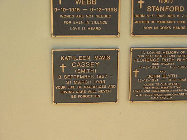 Kathleen Mavis CASSEY (SMITH),  | 3 Sept 1927 - 31 Mar 1999,  | Bulimba Uniting (formerly Methodist) Church, Brisbane  | 