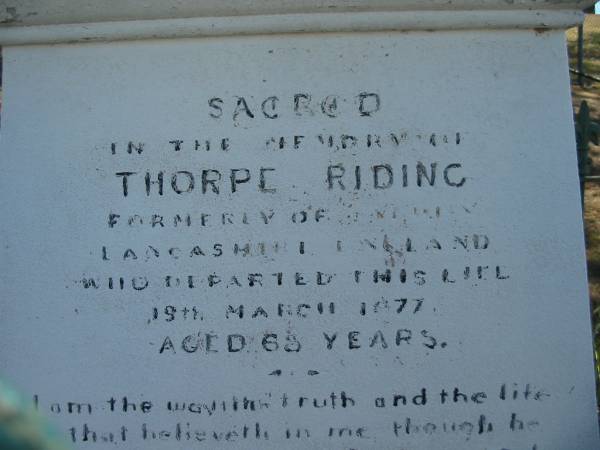 Thorpe RIDING  | died 19th March 1877 aged 68 years,  | Bulimba Uniting (formerly Methodist) Church, Brisbane  | 