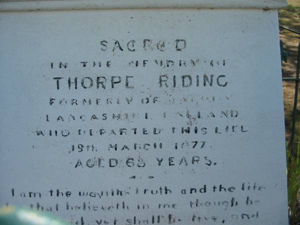 Thorpe RIDING  | died 19th March 1877 aged 68 years,  | Bulimba Uniting (formerly Methodist) Church, Brisbane  | 