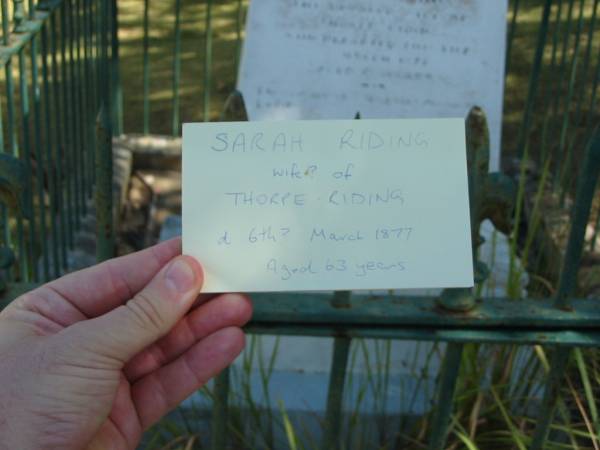 Sarah RIDING wife of Thorpe RIDING  | died 6th? March 1877 aged 63 years,  | Bulimba Uniting (formerly Methodist) Church, Brisbane  | 