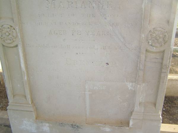 John NOTT  | b: 19 Feb 1817  |     Swimbridge, Devonshire, England  | d: 19 Jul 1886 at Bundaberg  |   | wife  | Marianne (NOTT)  | d: Randwick  |  18 Feb 1892 aged 72 (buried 24-02-1892)  |   | son  | Ebenezer (NOTT)  | d: 11 July  1903 aged 51  |   | Ruby Eveline (NOTT)  | second daughter of late H.O. NOTT and I. NOTT  | d: 19 Apr 1958  |   | Florence Vivienne  (NOTT)  | eldest daughter of late H.O. NOTT and I. NOTT  | d: 29 May 1973  |   | Bundaberg General Cemetery  |   | 