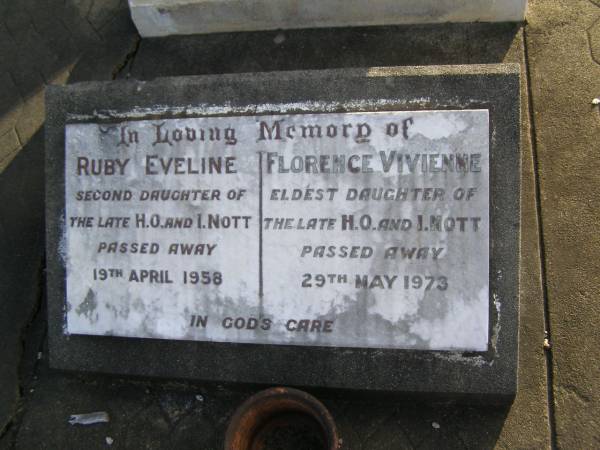 John NOTT  | b: 19 Feb 1817  |     Swimbridge, Devonshire, England  | d: 19 Jul 1886 at Bundaberg  |   | wife  | Marianne (NOTT)  | d: Randwick  |  18 Feb 1892 aged 72 (buried 24-02-1892)  |   | son  | Ebenezer (NOTT)  | d: 11 July  1903 aged 51  |   | Ruby Eveline (NOTT)  | second daughter of late H.O. NOTT and I. NOTT  | d: 19 Apr 1958  |   | Florence Vivienne  (NOTT)  | eldest daughter of late H.O. NOTT and I. NOTT  | d: 29 May 1973  |   | Bundaberg General Cemetery  |   | 