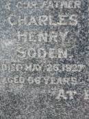 
Charles Henry SODEN,
husband father,
died 26 May 1937 aged 66 years;
Bertha Mary SODEN,
mother,
died 15 March 1951 aged 76 years;
Caboonbah Church Cemetery, Esk Shire
