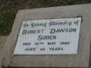 
Robert Dawson SODEN,
died 10 May 1980 aged 62 years;
Caboonbah Church Cemetery, Esk Shire
